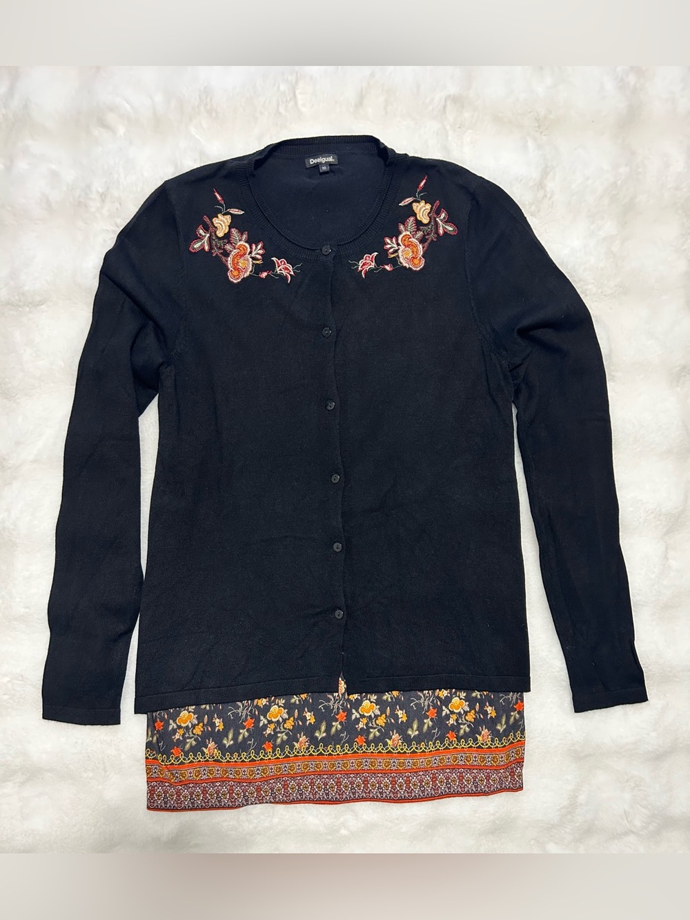 Desigual Faux Double Layer Shirt/Black Cardigan with Floral Embroidery